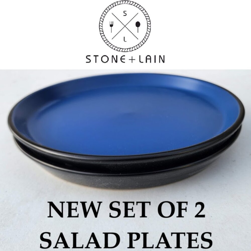 NEW Set of 2 Stone Lain Stoneware Plates 7.5" Salad Plate Albie Blue Black Repla
